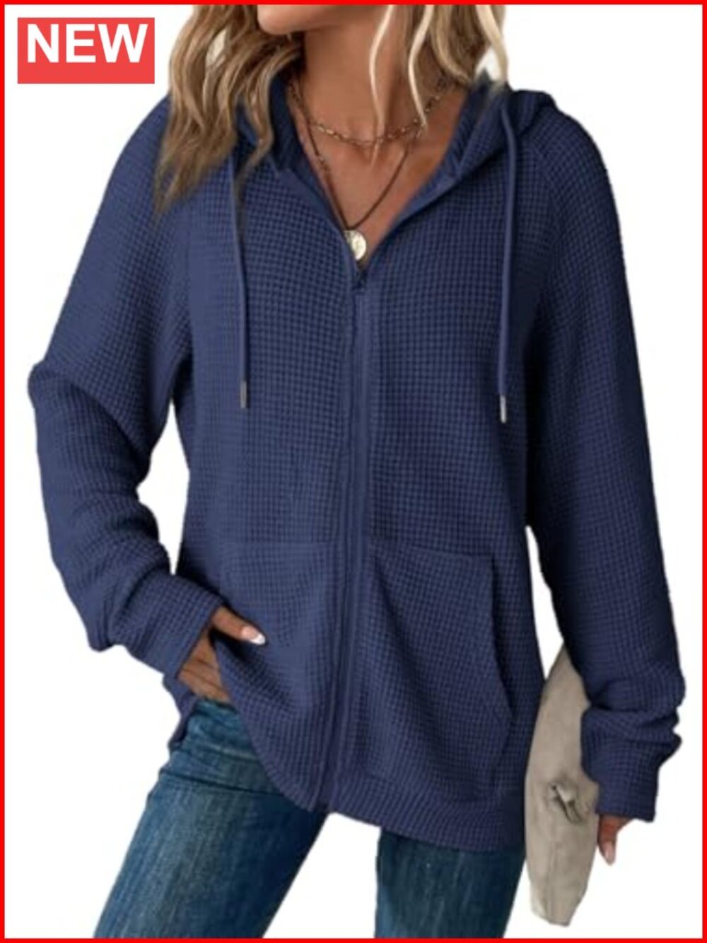 Waffle Knit Zip Up Hoodie Sweatshirt Drawstring Hood Long Sleeve Pockets